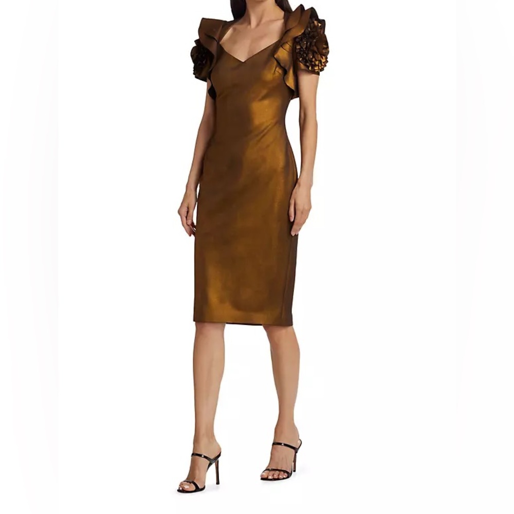 Badgley Mischka Foil Flutter-Sleeve Knee-Length Dress